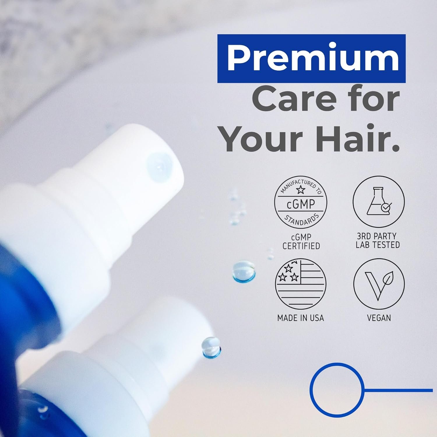 Graphic showing cGMP certified, 3rd party lab tested, made in USA, and vegan icons