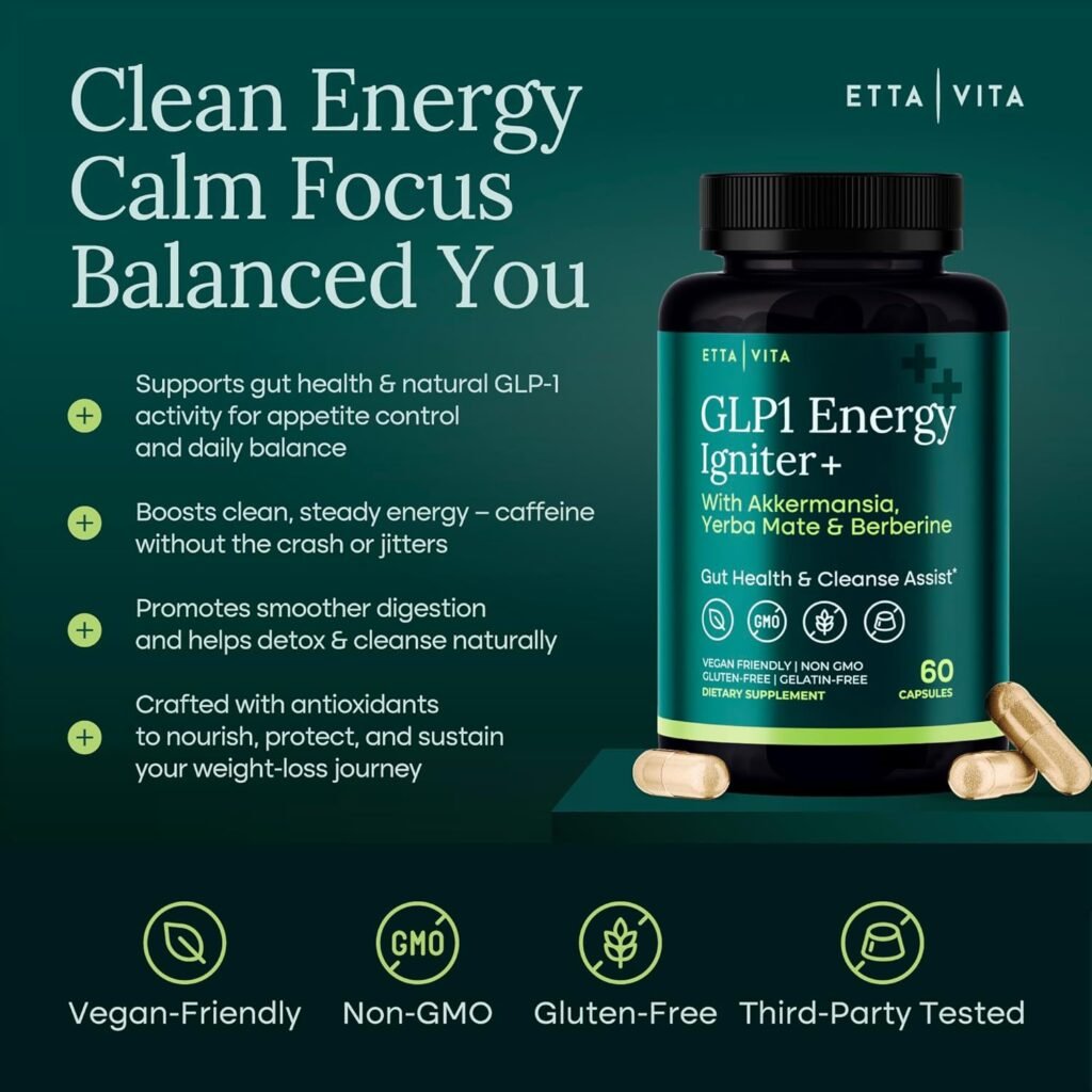 Product bottle with key benefits listed: Clean Energy, Calm Focus, Balanced You