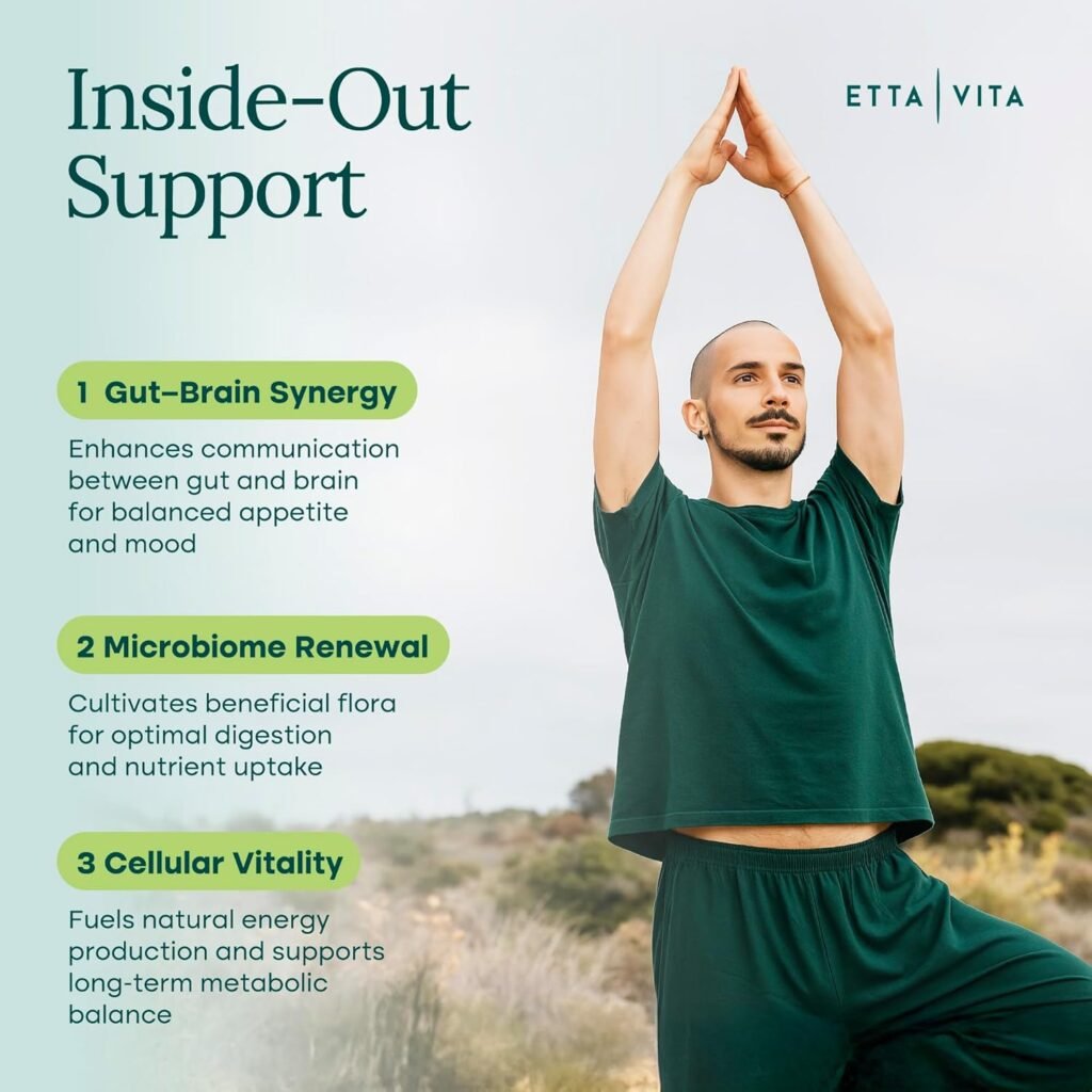 Infographic explaining Gut-Brain Synergy, Microbiome Renewal, and Cellular Vitality