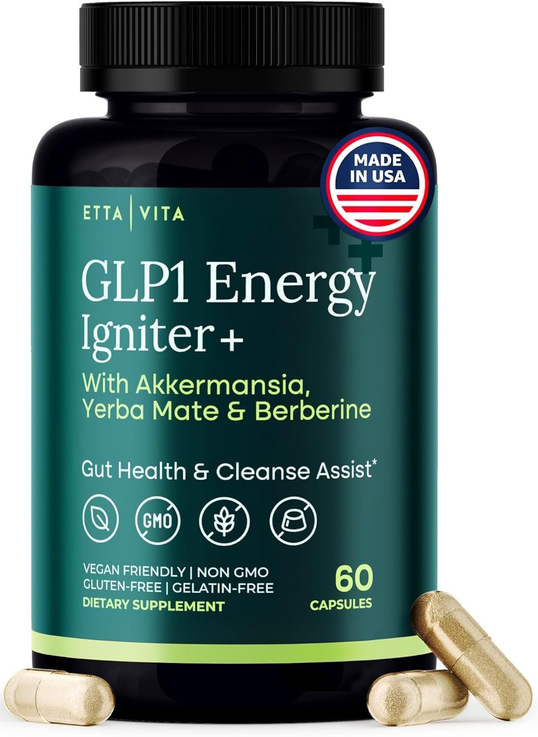 Black bottle of Etta Vita GLP1 Energy Igniter capsules with green label accents