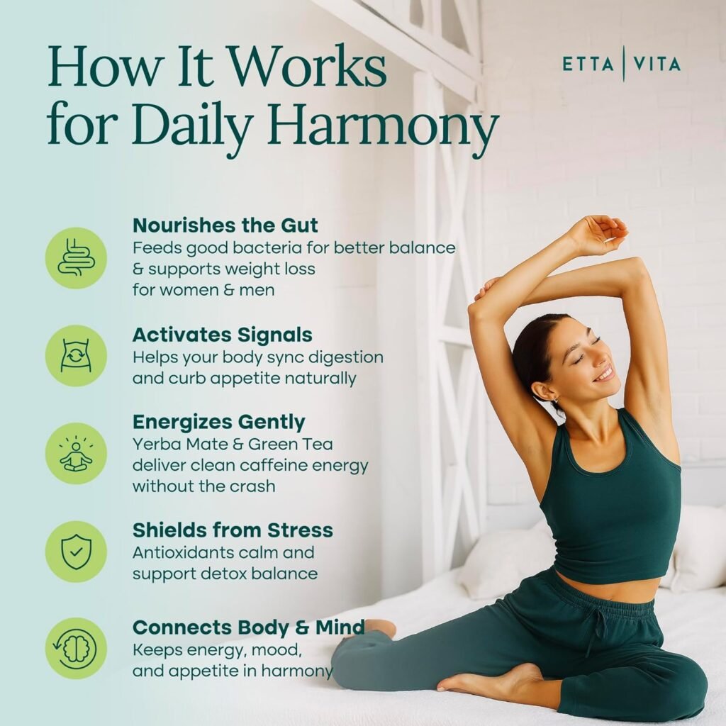 Woman stretching in green loungewear representing daily harmony and gut health