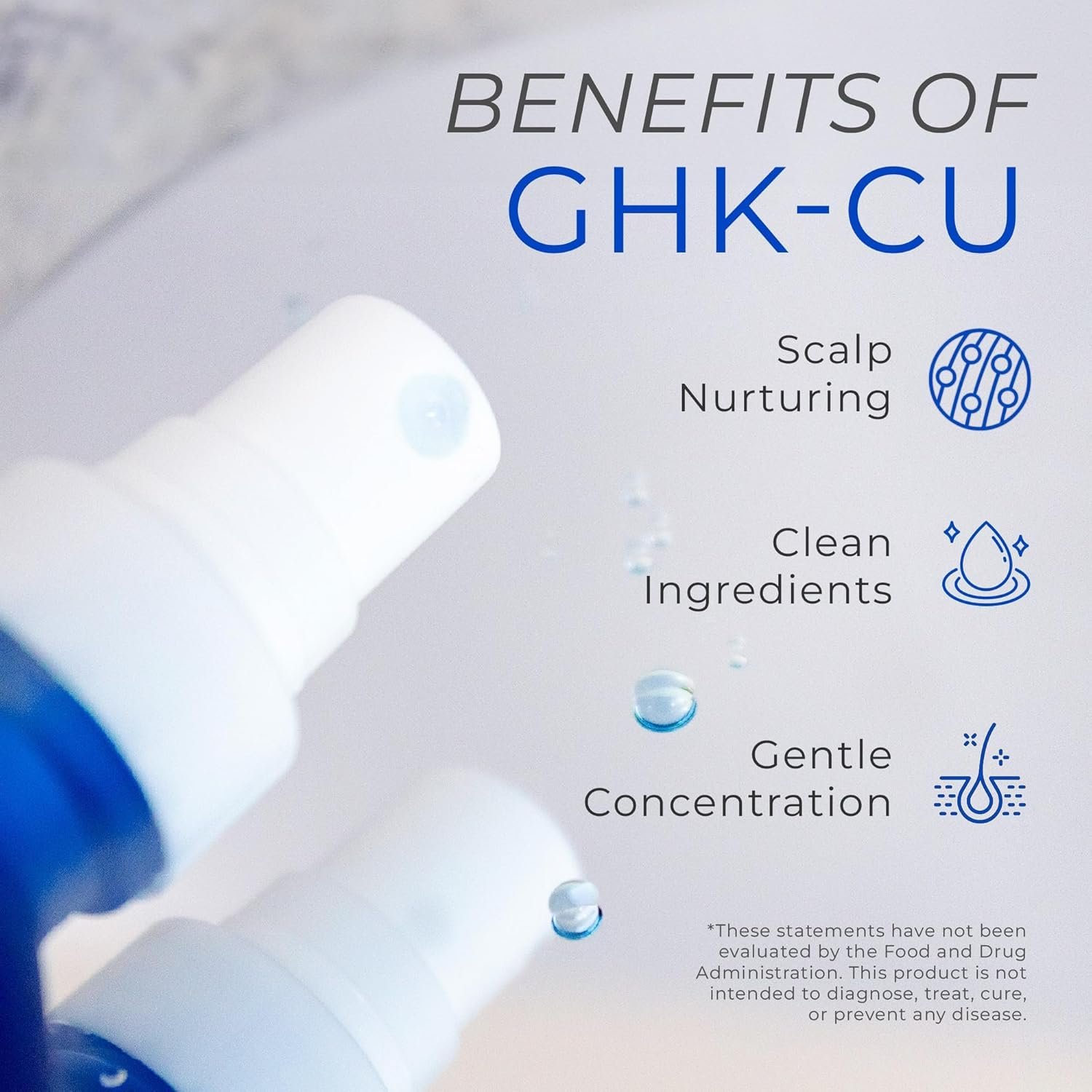 Benefits of GHK-Cu graphic showing scalp nurturing and clean ingredients